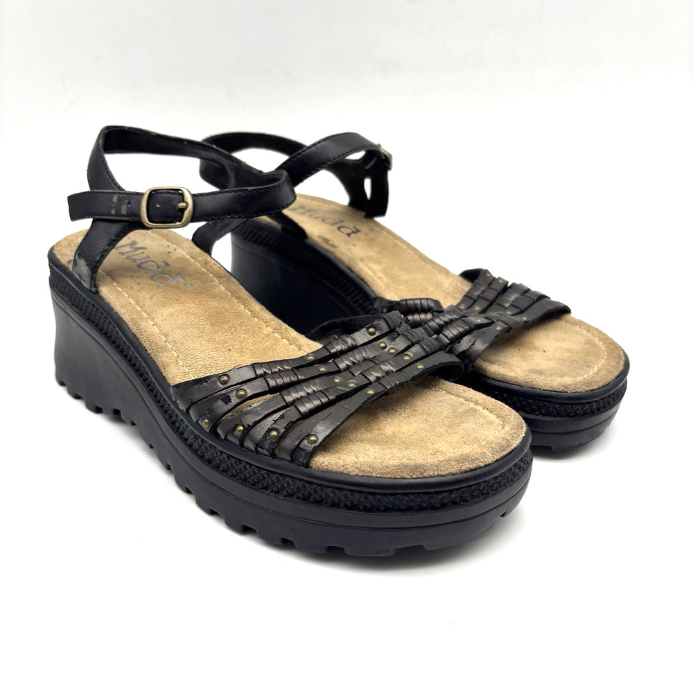Vintage 90s Y2K Mudd Black Faux Leather Studs Strappy Chunky Platform Sandals 7M